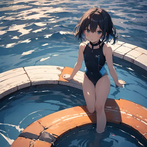 Super best quality by Makoto Shinkai, super detailed, High resolution, AI generated, anime moe art style, best anime 8K konachan wallpaper, pixiv contest winner, perfect anatomy, break,(Please draw a picture of a girl floating in a pool.)full body image,vi...