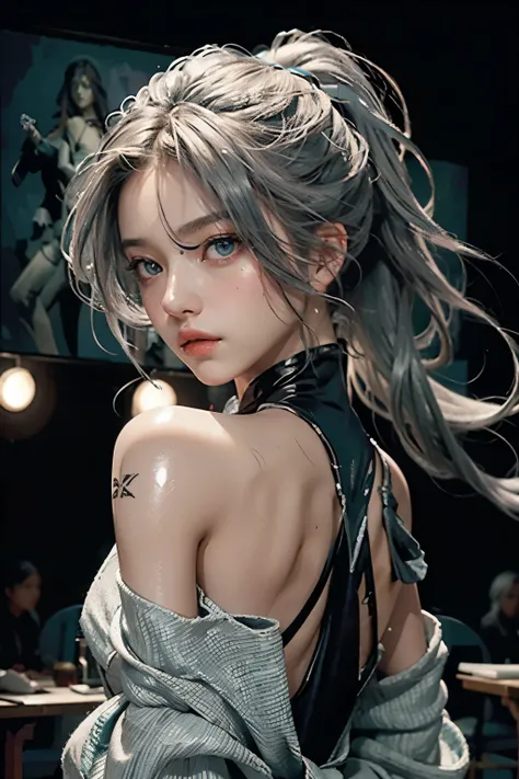 1 girl, aqua eyes,, gray hair, long hair, looking at the audience, looking back, nail polish, Off the shoulders, open lips,ponytail, Upper body,(shiny skin),(masterpiece:1.4),(best quality:1.4)