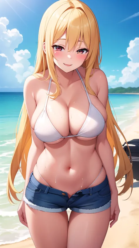 (best quality:1.5, highres, UHD, 4K, detailed lighting, shaders), blonde long straight hair, large breasts, white bikini, jean shorts, standing, pov, beach background, blushing:1.5, smiling, horny, lewd, seductive, sexy, erotic, nsfw, ecchi, hentai, porn