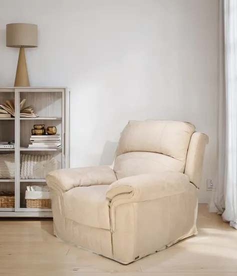 Cream colored sofa in the room, realistic shadows and highlights