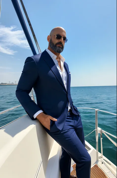 Hiperrealism, hiperdetailed, natural colors, soft light, 40 years old man, muscled, tall, virility, on a yatch, summer day, Handsome, bald with black beard, sensual, looking straight at the camera, elegant ship captain suit clothing.