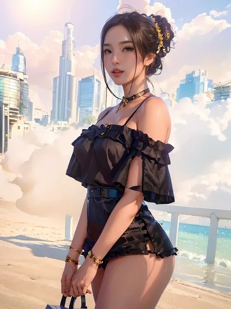 masterpiece, best quality, realistic, ultra-detailed, detailed,1 girl,(asian,idol,solo,collar,thin waist, small size breases,long hair, brown hair, beautiful thighs)(kimono, pleated skirt, V-shaped off shoulder sweater, Outerwear, Stocking,Shirt.) at the b...