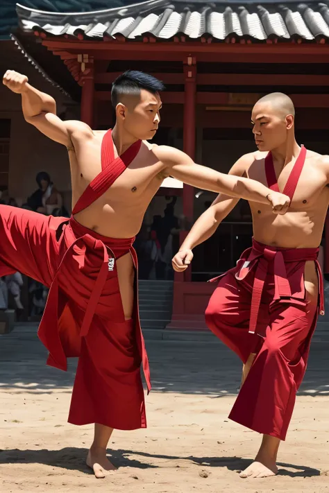 Kung fu monks in traditional robes, performing intricate martial arts poses, serene expressions, deep concentration, HDR, shadowy temple background, dynamic, dramatic, intense focus, vibrant colors, cinematic shot, masterful, hyper-realistic, ancient wisdo...