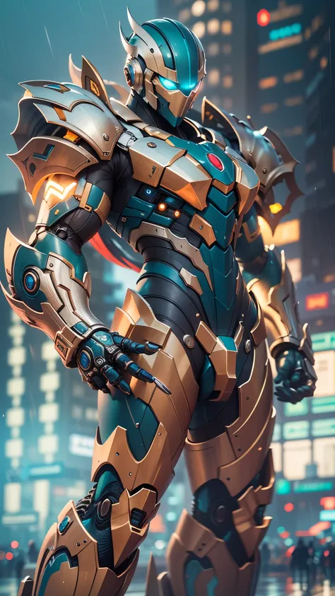 a futuristic robot warrior, metallic and sleek design, glowing LED lights, powerful and intimidating appearance, advanced weapon systems, golden cape, combat-ready posture, high-tech armor plating, blue and gold color scheme, intricate mechanical details, ...