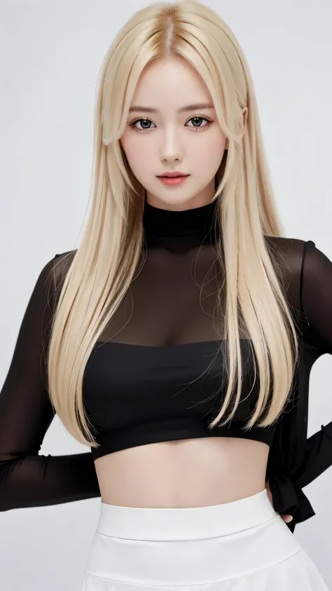 close-up of upper body、Navel exposed、Russian、white people、blonde、long hair、nordic、girl、美girl、see through blouse、black tight skirt、1girl in, age25, Solo, Looking at Viewer, Brown eyes, Realistic, A sexy、美girl、well-groomed face、masterpiece、beautiful woman, (...