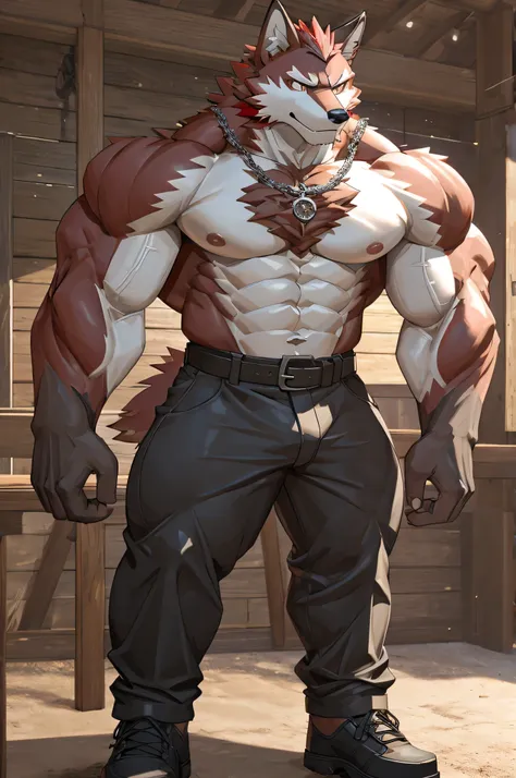 best quality,super detailed,red wolf, muscular, alpha male, instructor，rough textured fur,keep fit