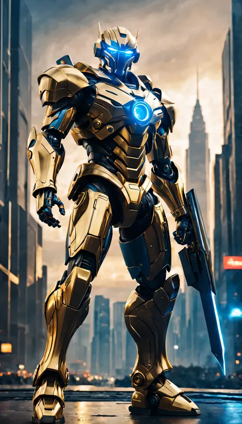 Future robot warrior, Metallic and stylish design, Illuminated LED light, Powerful and intimidating appearance, advanced weapons system, Golden cloak, Fight ready posture, High-tech armor plating, Blue and gold color scheme, Intricate mechanical details, H...