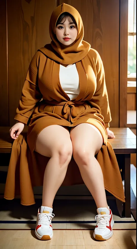 there is a woman sitting down with a longest brown hijab, bbwchan, thicc, brown hijab outfit, brown hijab fashion model, korean ...