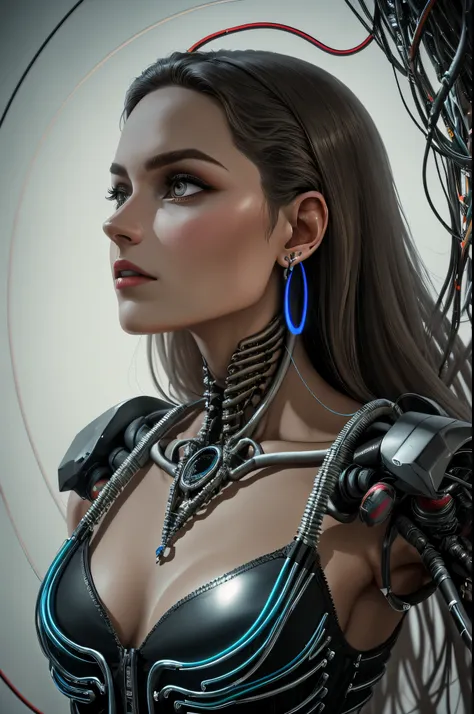 complex 3d render ultra detail beautiful death angel, biomechanical cyborg, Analog 150mm lens, Beautiful natural soft rim light, Neon veins, root, fine leaf lace, Colorful Detail, Boris Bizhan Savery Cosplay Costume, Pearl earrings, piercing, Art Nouveau f...