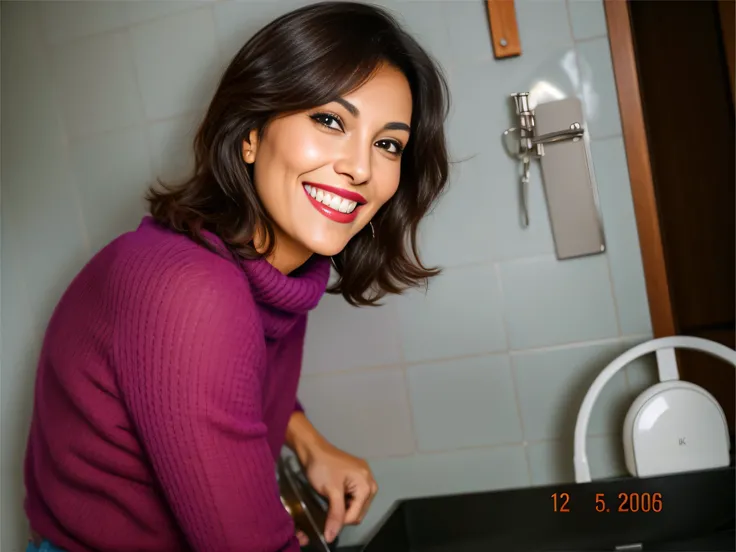 smiling woman in purple sweater standing in kitchen. Mulher com pele branca bronzeada e cabelos escuros. Ela tem cerca de 38 anos. slightly plump lips, olhos castanhos escuros. Corpo fino. cintura fina. corpo perfeito, Your face is the definition of beauty...