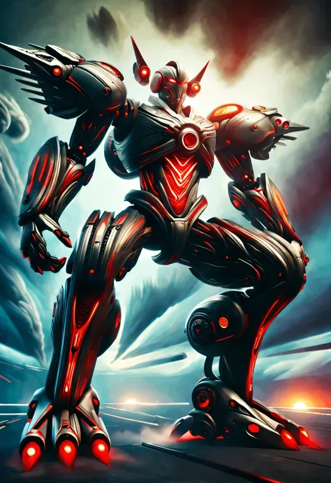 whole body, (A Chinese warrior wearing a mecha "storm red" shooting), (Wearing a zoom telescope on your head), (dynamic jumping shooting movements), Mecha Warrior is about 8 meters tall, Holding a huge nuclear-powered weapon in his hand, and has a burly ph...