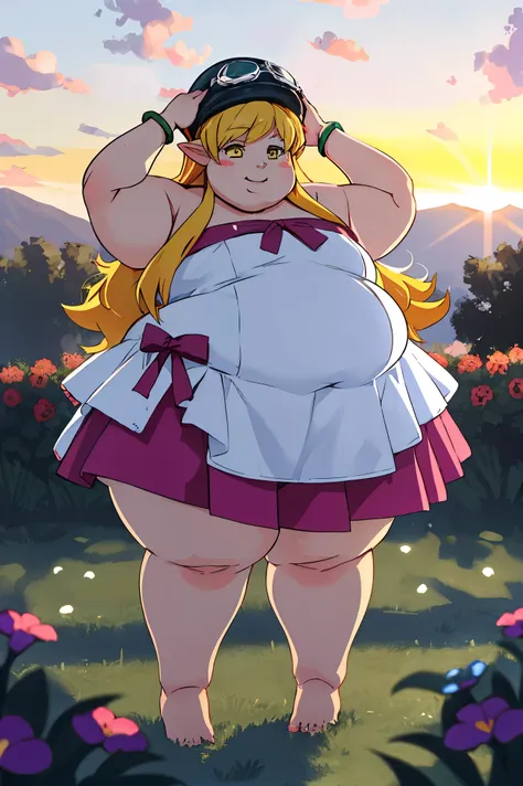 obese 1girl, solo, obese female, obese (oshino_shinobu),(blonde) (blonde_hair), (yellow_hair), ((long_hair)), ((bangs)), (yellow...