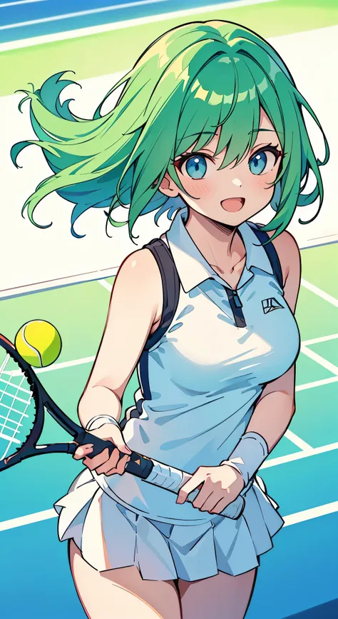 ((A Pretty girl with green hair and blue eyes)), ((wearing tennis wear)), with a tennis racket, Baby face, ((master piece, top-quality, ultra-definition, high resolution)), anime girl, ((ultra-detailed illust:1.2)), only one person, bangs, hair between eye...