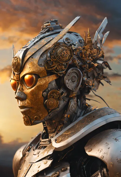 Cyber warrior wearing mecha, There is a pagoda on the head, Gediminas Plankevicius,, Shredded paper, Metal fragments, cyberpunk, atom punck, samurai punk, volcanic ash, realism, Sunset, movie lighting，Realistic photos，studio photography，human development r...