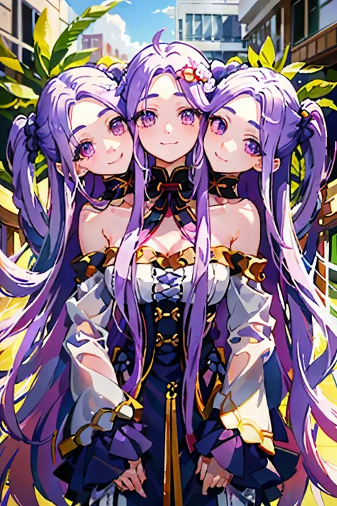 3heads, best quality, masterpiece, 1girl, extremely long purple hair, wide hair, braided hair, uncomfortable, identical hair color, same eye color, necks side by side, necks evenly spaced on shoulders, smiling, outdoors ((three heads, 3head):1.5)