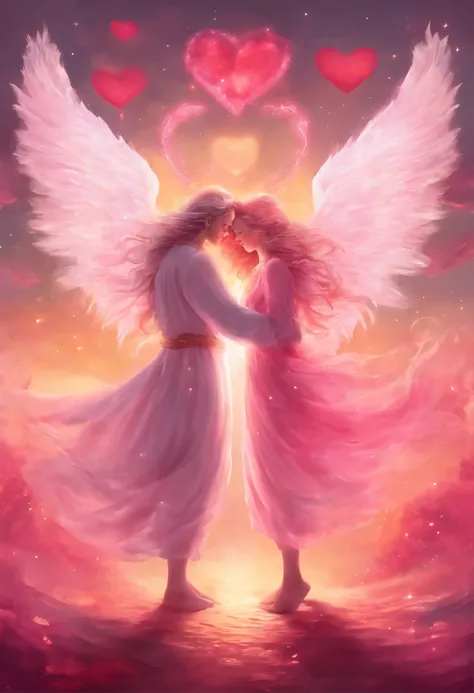 136674331 Image of heartful happiness. angel and devil standing back to back. their hands are handcuffed. The background is a heart mark. white and pink world