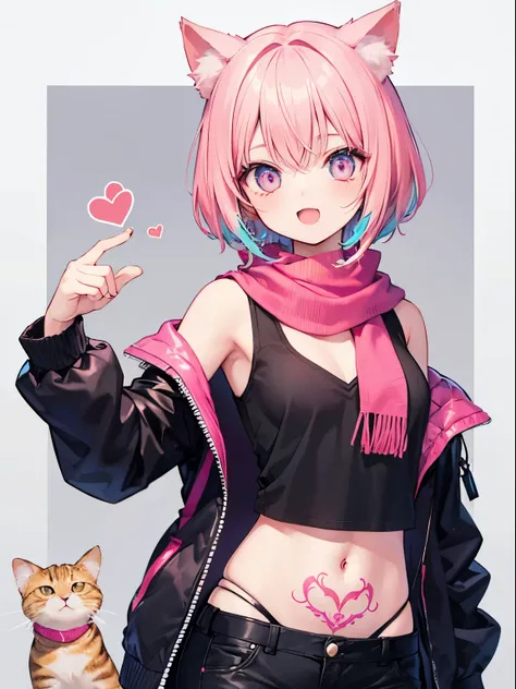 Very beautiful and shining eyes、shining eyes、1 girl、small breasts、big mouth、high school girl、Tattoo on the stomach、small breasts、Cat ear、pink hair、handcuffs、scarf、Shaggy hair、hot pants、Crisp look、Near the future、neon、cool