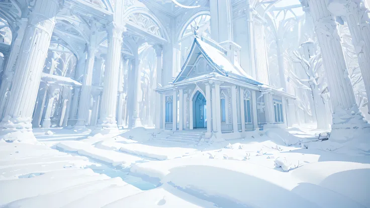 (Light blue-white tones，Shocking and magnificent uninhabited landscape，Silent Snow City World)，quiet，healing feeling，((Falling white feathers))，snowflake crystal structure，(best quality，masterpiece，Extremely complex and exquisite details)，scenography