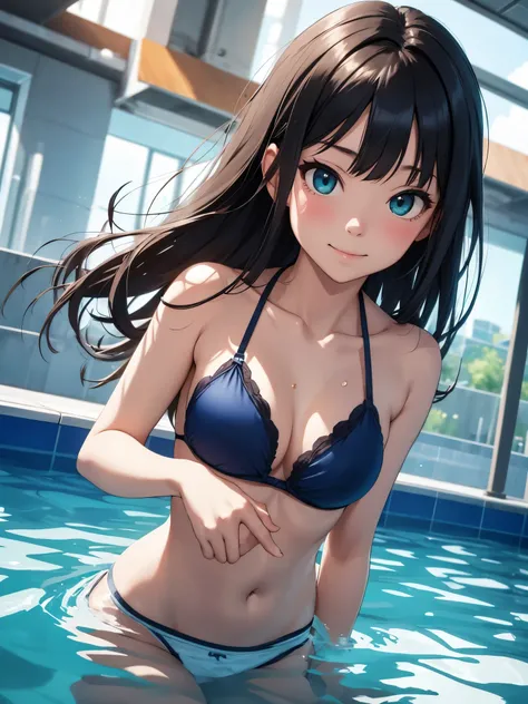 Japanese girl in a blue bikini at the pool、black hair、(green eyes)、long hair、diving underwater、Rise above the surface of the water、looking at the viewer、pose with a smile(highest quality、masterpiece)))、High resolution、very detailed、masterpiece、movie lighti...