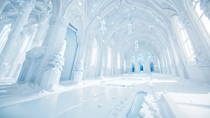 (Light blue-white tones，Shocking and magnificent uninhabited landscape，Silent Snow City World)，quiet，healing feeling，((Falling white feathers))，snowflake crystal structure，(best quality，masterpiece，Extremely complex and exquisite details)，scenography