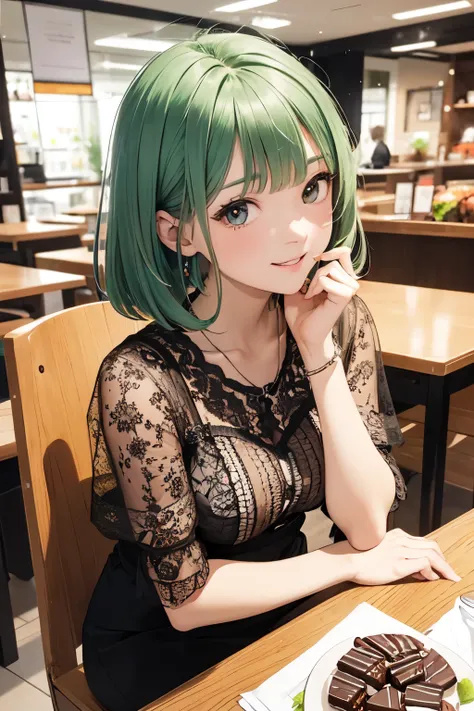 （In 8K, best quality, muste piece:1.2)、ultra high resolution,1 cute 16 year old girl,super detailed face,detailed eyes,Brown eyes,mint green hair,bob cut,blunt bangs,split lighting,mint green blouse,(mint green:1.2),dark brown gingham check dress,(dark bro...