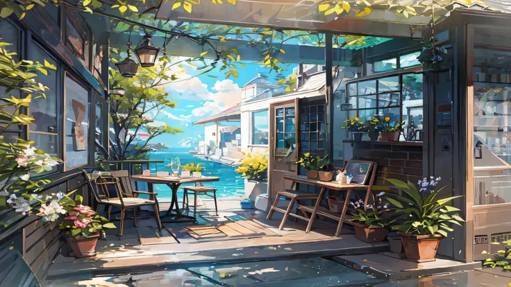 There is a picture of a patio with a table and chairs, cozy cafe background, highly detailed digital paintings, highly detailed digital paintings, immensely detailed scene, relaxing concept art, highly detailed illustrations.」, beautiful digital artwork, B...