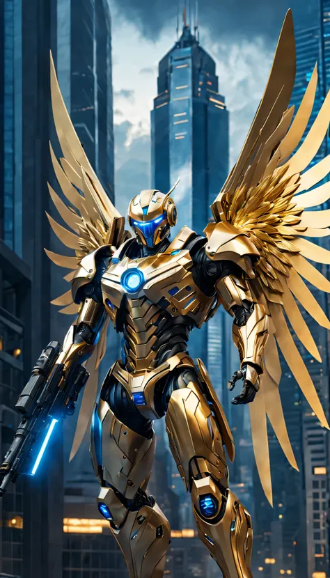 Future robot warrior, Metallic and stylish design, Illuminated LED light, Powerful and intimidating appearance, (huge futuristic rifle), (Golden mechanical wings), Fight ready posture, High-tech armor plating, Blue and gold color scheme, Intricate mechanic...