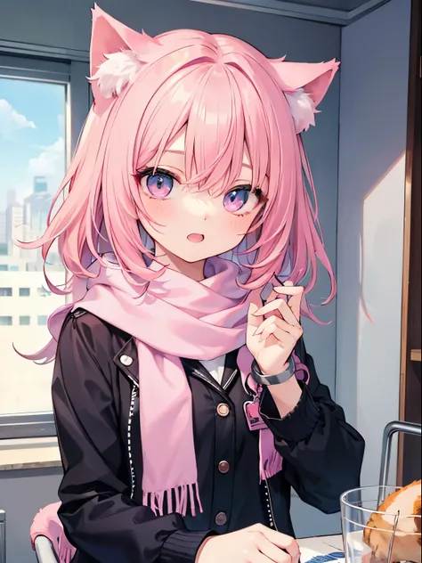 Stinking eyes、looks sleepy、small breasts、big mouth、high school girl、Cat ear、pink hair、handcuffs、scarf、messy hair、Half-take jacket