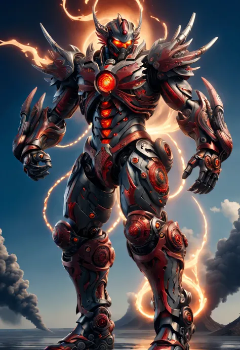 whole body, (a warrior wearing a mecha is named "scarlet storm" huge nuclear gun from china is firing), (wearing a tap zoom tele...