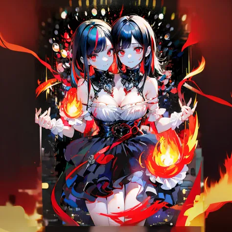 (masterpiece, best quality), best resolution, (2heads:1.5), (Two heads), 1girl, clearer face, focused eyes, a girl with two heads on one chest, black hair, red eyes, fire witch, blood, light particles, light rays, high contrast, colorful,