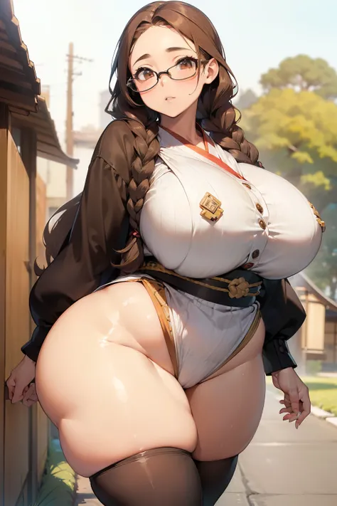 ((Giant saggy tits)),((caderas anchas)),((chica blanca)),((Long brown hair with braids)),((brown eyes)),((thicc thights)),((gafas)),Thicc MILF,((ropa de diosa japonesa))