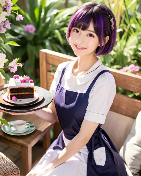 （whole body:1.5) beautiful japanese girl、big magical eyes、detailed purple eyes、pale pink lips、thin eyebrows、Modern Cafe、18 year old beautiful girl、A slender、smooth soft skin、bob cut、detailed dark purple hair、Asymmetrical bangs、bright interior、apron dress、M...