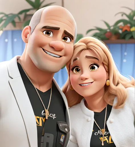 casal no estilo disney pixar, homem, 50 anos, careca, mulher, 40 anos, loira, alta qualidade, melhor qualidade