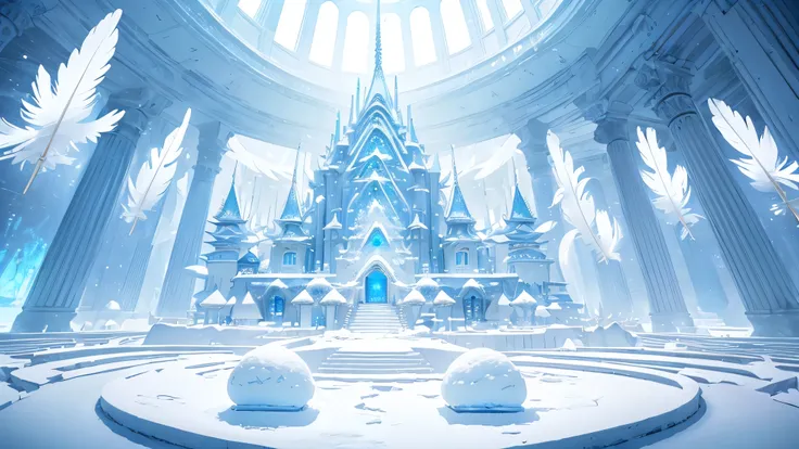 (Light blue-white tones，Shocking and magnificent uninhabited landscape，Silent Snow City World)，quiet，healing feeling，((Falling white feathers))，snowflake crystal structure，(best quality，masterpiece，Extremely complex and exquisite details)，scenography