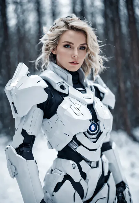 a picture of a female wearing a white mecha suit in snow place, beautiful face,