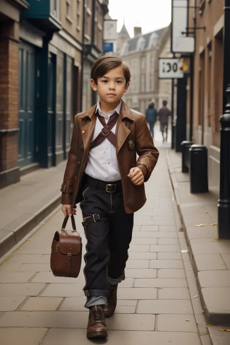 Steampunk London, 2009. ((((10-year-old)) Jess Brightwell)), rascal boy running through the streets,  newsbag, ((scared look)). ((((casual clothings from the 2000s)))) ((hairstyle of the 2000s))