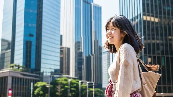 beautiful japanese girl１８A year old is walking through the skyscrapers of Tokyo, feeling the breeze.