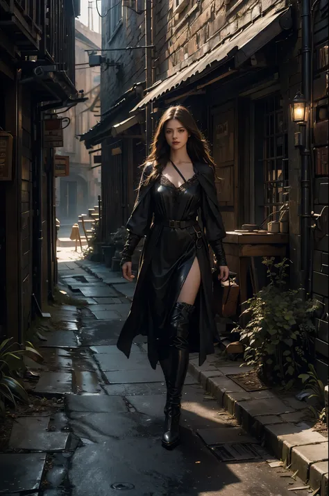 (masterpiece:1.2), (best quality,:1.2), 8k, HDR, ultra detailed, ((photorealistic)), perfect anatomy, professional light, cinematic lighting, fashion photography, ambient lighting,a realistic medieval alley, ((daytime)), sunlight, DarkFantasy, epiCPhoto