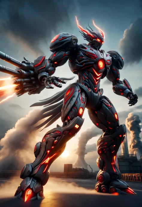 light field photography style, whole body, (a warrior wearing a mecha is named "scarlet storm" huge nuclear gun from china is fi...