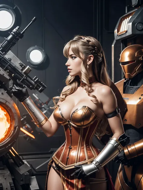 Side angle.  a ultra hot gorgeous European woman in a corset dress with a bunch of bounty hunters robots, silver and copper armor, red stripes, mech, seventies, key frame, dollpunk, band of gold round his breasts, barbarella, metallic, mechanical, mechanic...