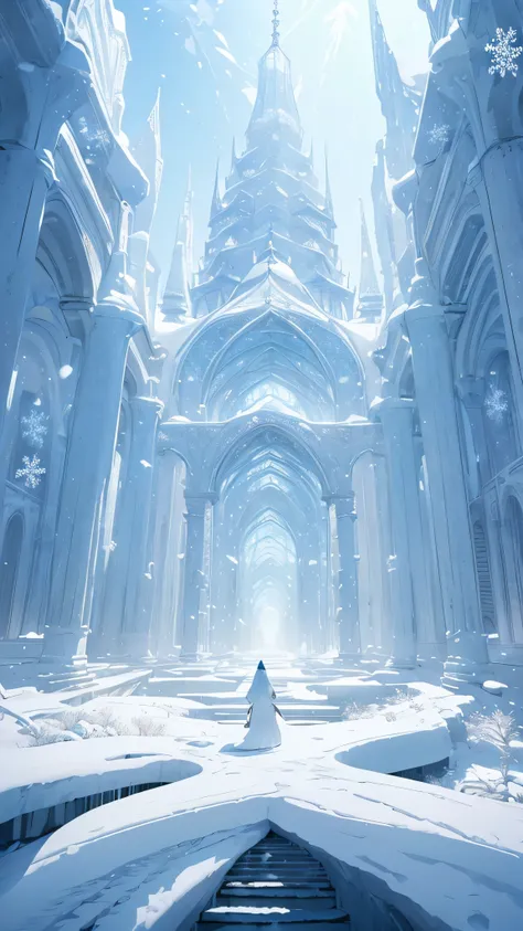 (Light blue-white tones，Shocking and magnificent uninhabited landscape，Silent Snow City World)，quiet，healing feeling，((Falling white feathers))，snowflake crystal structure，(best quality，masterpiece，Extremely complex and exquisite details)，scenography