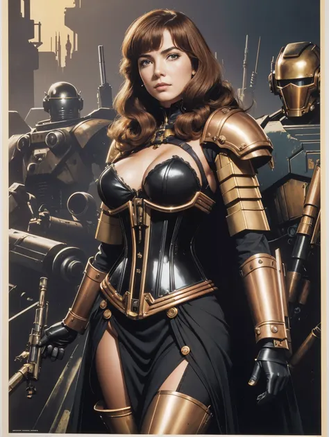 a close up of a woman in a corset dress with a bunch of bounty hunters robots, les edwards poster art, golden and copper armor, mech, seventies, pretty face, 1 9 7 0 s female alive, key frame, dollpunk, band of gold round his breasts, barbarella, metalic, ...