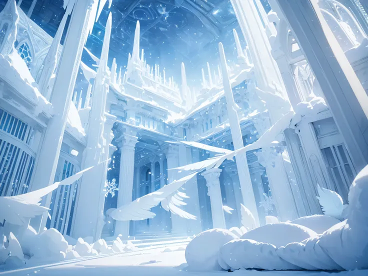 (Light blue-white tones，Shocking and magnificent uninhabited landscape，Silent Snow City World)，quiet，healing feeling，((Falling white feathers))，snowflake crystal structure，(best quality，masterpiece，Extremely complex and exquisite details)，scenography