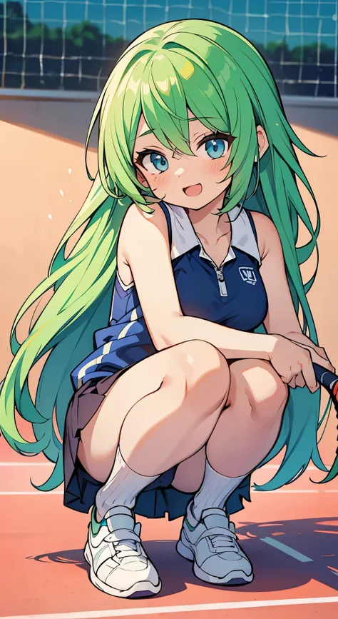 ((A Pretty girl with green hair and blue eyes)), ((wearing tennis wear)), with a tennis racket, Baby face, ((master piece, top-quality, ultra-definition, high resolution)), anime girl, ((ultra-detailed illust:1.2)), only one person, bangs, hair between eye...