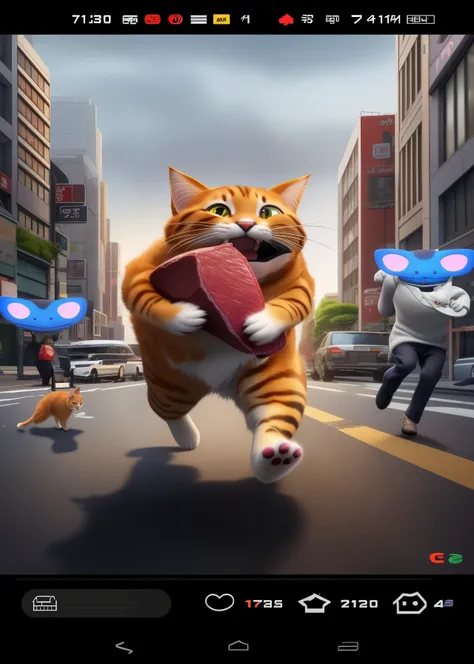 There is a cat biting a big steak，Run in the street, real-life Tom and Jerry, new cat, running cat, Tom and Jerry, cats attacking tokyo, hybrid of mouse and cat, catdog, disneys bambi cat, real person, the cat is walking, run for your life, cats , Garfield...