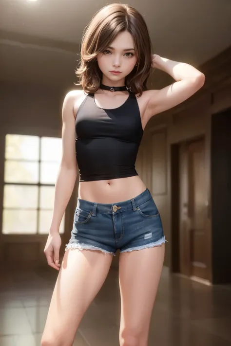 ((Medium chest, Tomboy, small head)), dawn, sunlight, (chiseled abs : 1.1), (perfect body : 1.1), (short wavy hair : 1.2) , auburn hair, collar, Lock, full body shot, crowded street, wearing black tanktop, jean jacket, ((shorts)), (Highly detailed CG 8k wa...