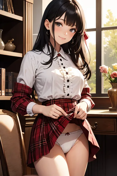 very cute and beautiful girl,(highly detailed beautiful face),(smile),blush,cowboy shot, (white blouse with detailed frills),long sleeve BREAK standing,skirt lift,(white panties), hair ribbon,black hair,(scarlet plaid mini skirt) BREAK antique living room,...