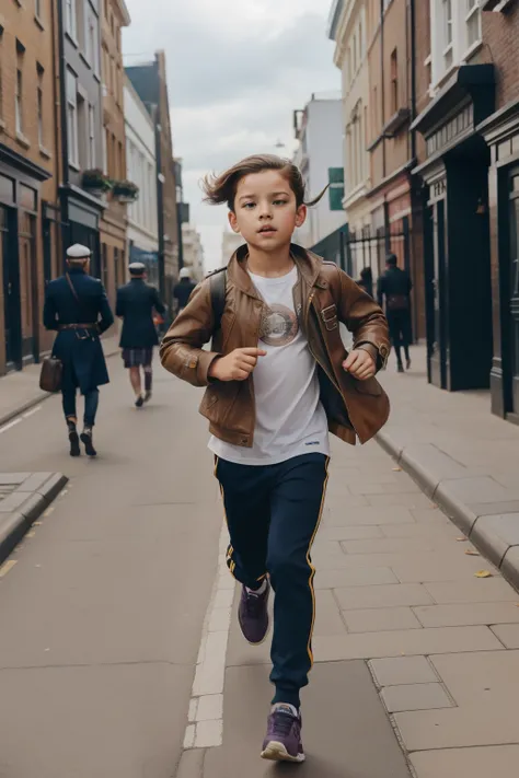 Steampunk London, 2025. ((((10-year-old)) Jess Brightwell)), scottish boy, running fast through the streets, sprinting, newsbag, ((scared look)). ((((casual clothings from the 2020s)))) ((hairstyle of the 2020s))