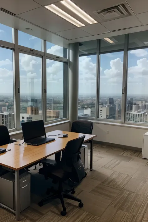 room full of resumes flying all around and on the ground and the room is part of a corporate office in a huge building with a view from 20th floor and there is no one in the office