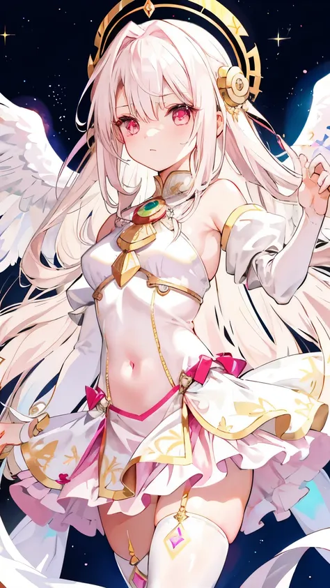 (Ilyasviel von Einzbern:1.2), Long pink and white hair，Pink white wings，deep pupils，Decorated in brilliant gold，white and soft clothes，Silk skirt，Deep V big breasts，bare shoulders，open navel，Bare thighs，startup，She is a cute and sweet beautiful girl